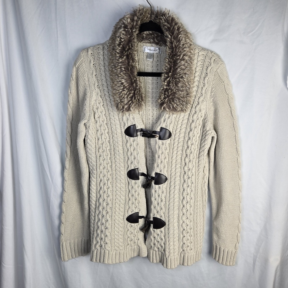 Dressbarn Cable Knit Cardigan Sweater Petite Large Faux Fur Toggle Beige Coastal